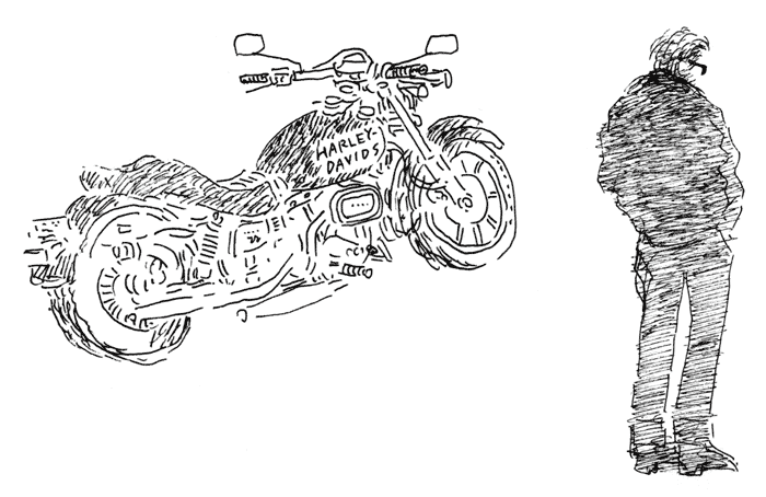 ハーレーダビットソンと背の高い男